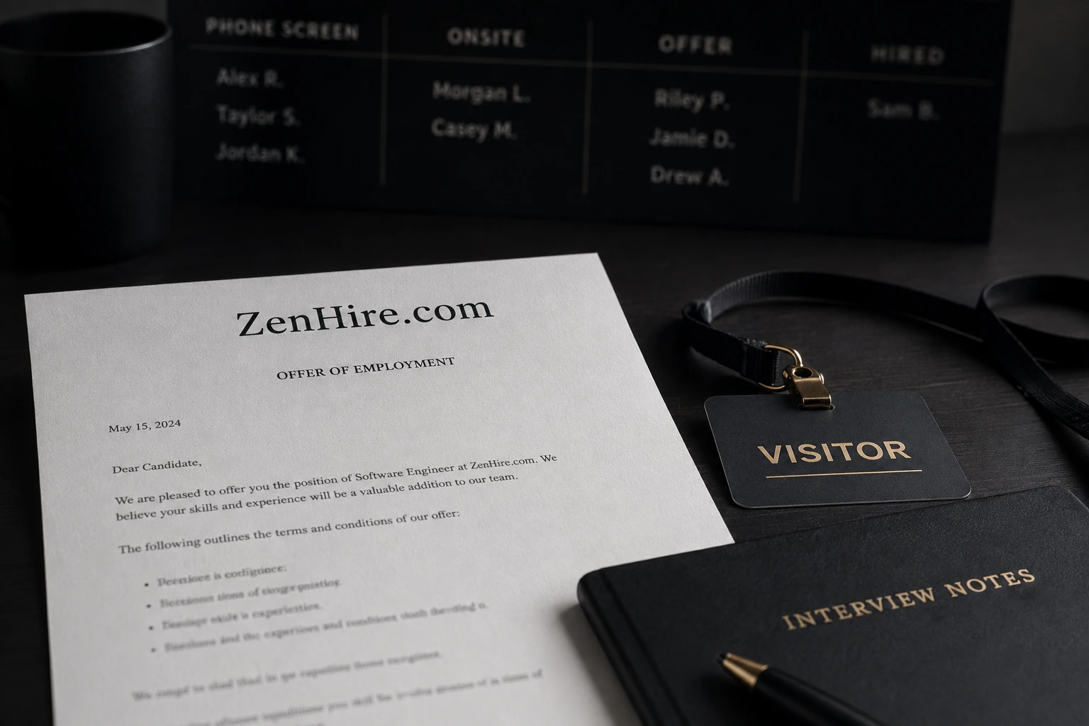 Offer letter for ZenHire.com beside a visitor badge and interview notebook
