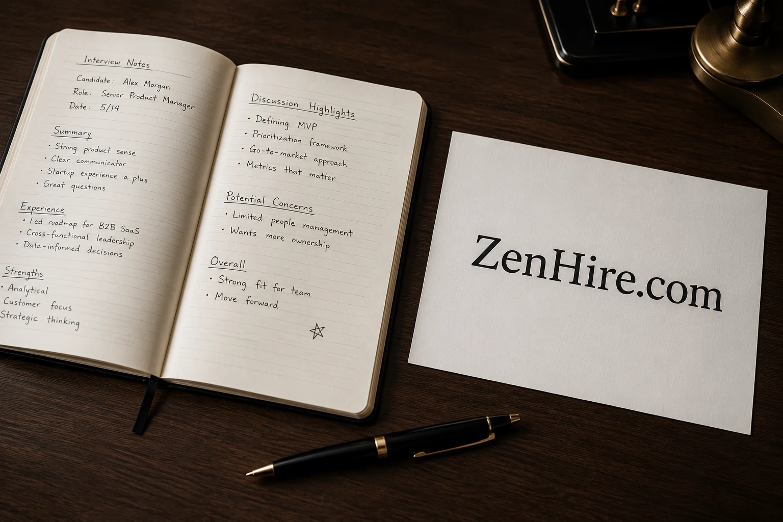 Interview notebook and hiring notes on a dark desk